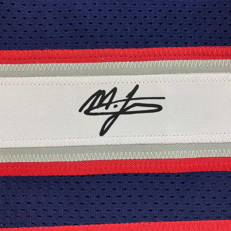 Facsimile Autographed Mac Jones New England Blue Reprint Laser Auto Football Jersey Size Men's XL