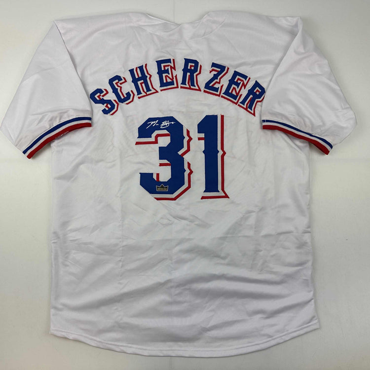 Facsimile Autographed Max Scherzer Texas White Reprint Laser Auto Baseball Jersey Size Men's XL