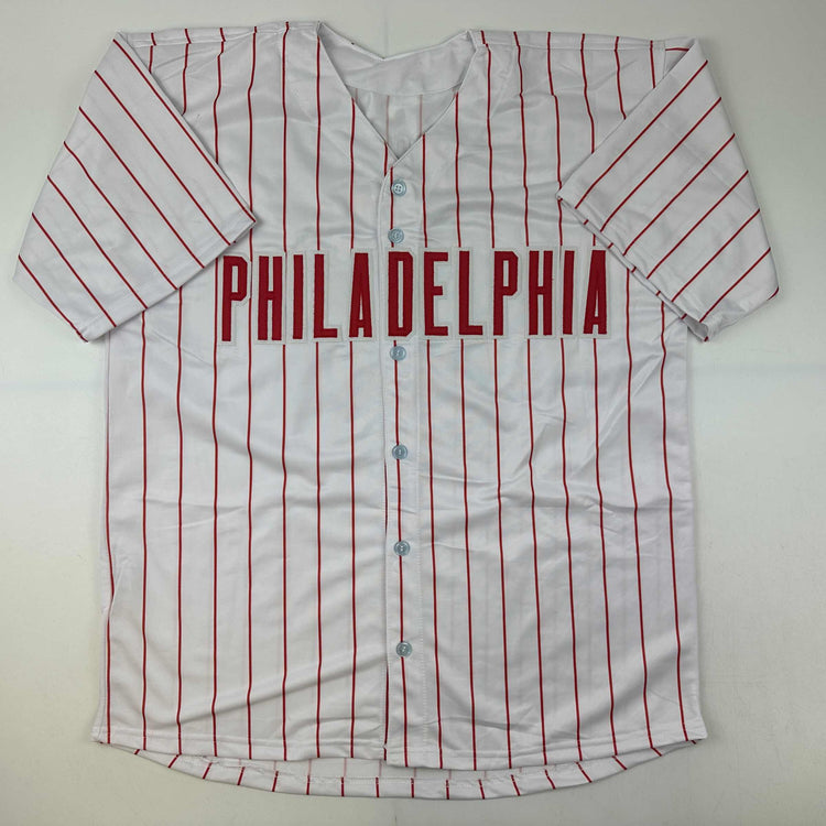 Facsimile Autographed Chase Utley Philadelphia Pinstripe Reprint Laser Auto Baseball Jersey Size Men's XL