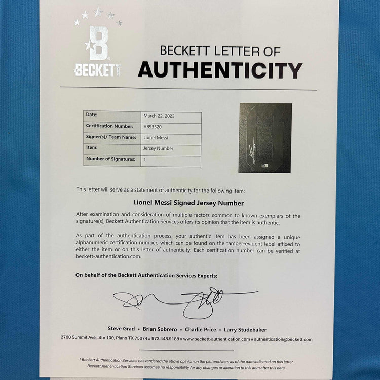 Autographed/Signed Lionel Leo Messi Argentina Blue/White Soccer Jersey Beckett BAS COA/LOA