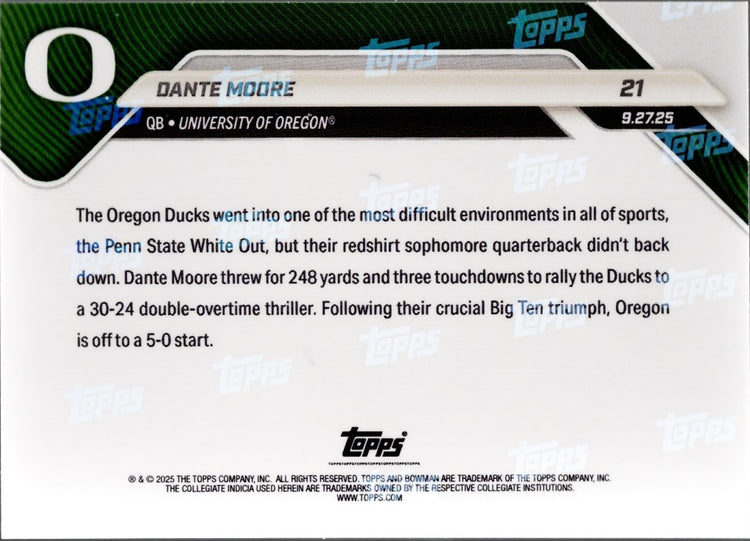 2025 Topps Bowman U Now Dante Moore #21 Superfractor /1 Oregon Ducks Rookie RC Football Card