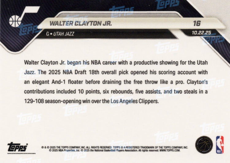 2025 Topps Now Walter Clayton Jr #16 Black Foil /10 Utah Jazz Rookie RC Basketball Card