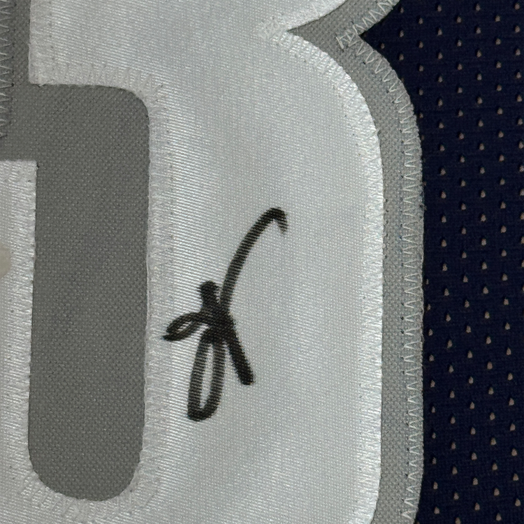 Framed Autographed/Signed Allen Iverson 35x39 Georgetown Blue Basketball Jersey JSA COA