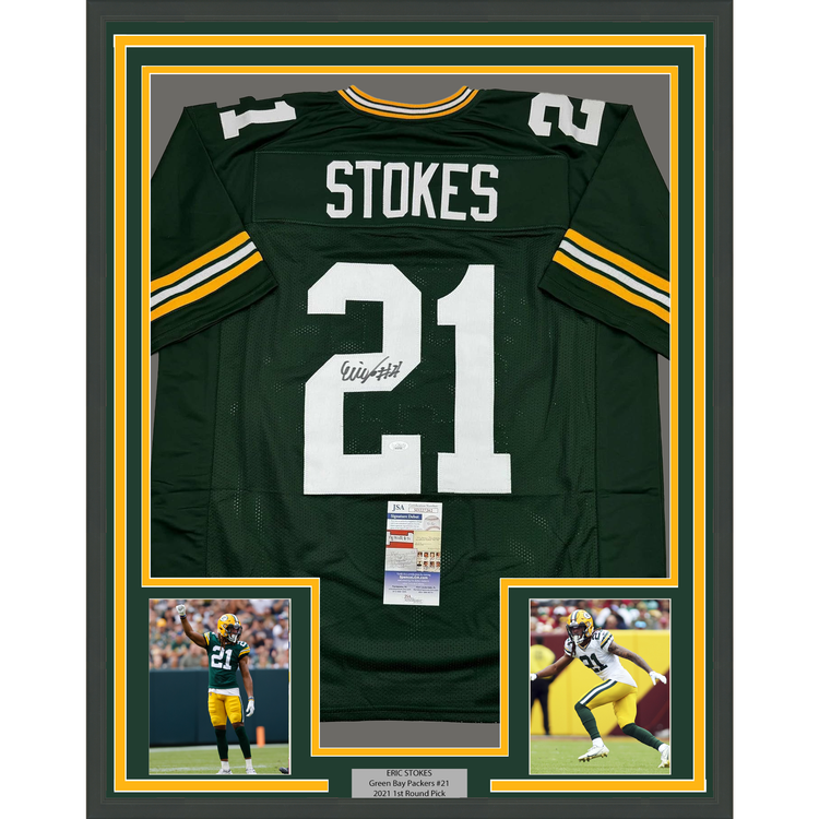 Framed Autographed/Signed Eric Stokes 35x39 Green Bay Green Football Jersey JSA COA