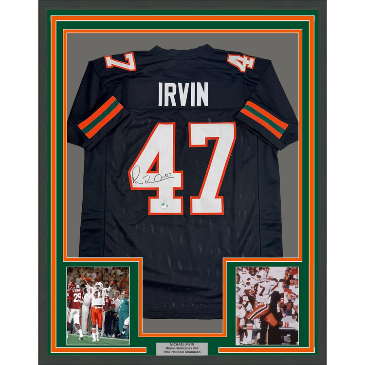 Framed Autographed/Signed Michael Irvin 35x39 Miami Black College Football Jersey Beckett BAS COA