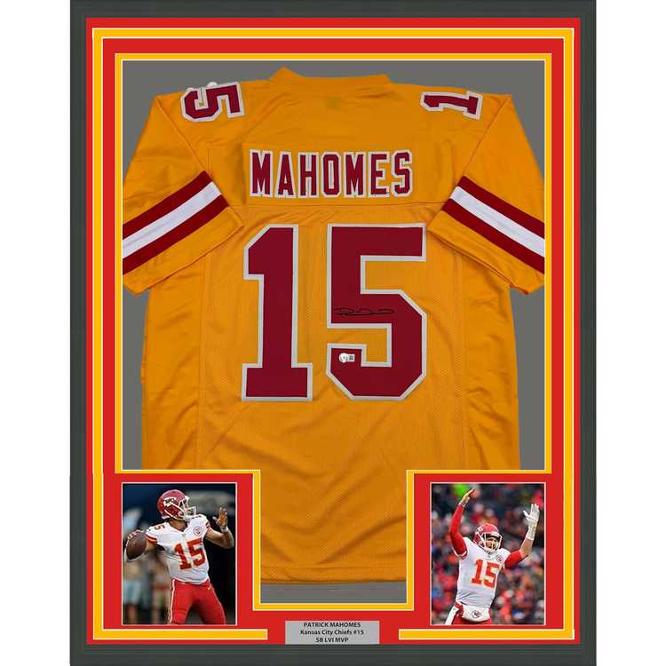Framed Autographed/Signed Patrick Mahomes 35x39 Kansas City Yellow Football Jersey Beckett BAS COA