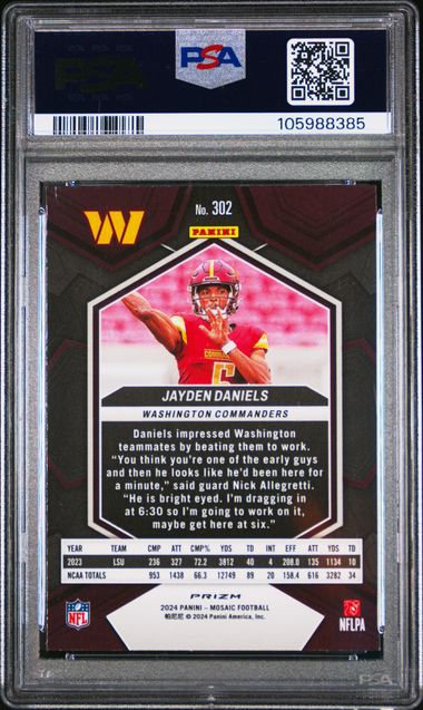Graded 2024 Mosaic Silver Mosaic Jayden Daniels #302 Rookie RC Football Card PSA 9 Mint