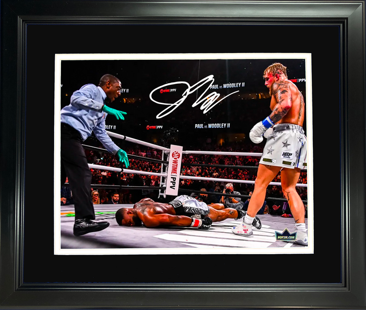Framed Jake Paul vs Tyron Woodley Knockout Facsimile Laser Engraved Signature Auto 11"x14" Boxing Photo HOFSM Holo