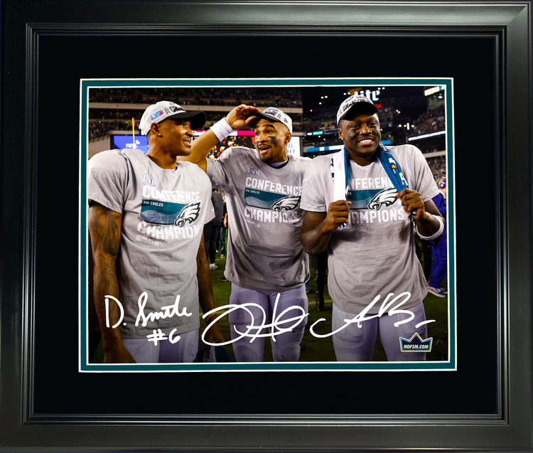 Framed Jalen Hurts A.J. Brown DeVonta Smith Philadelphia Eagles Facsimile Laser Engraved Signature Auto 11"x14" Football Photo HOFSM Holo