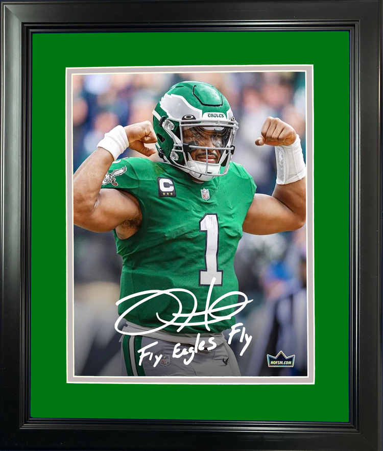 Framed Jalen Hurts Fly Eagles Fly Facsimile Laser Engraved Signature Auto Philadelphia Eagles 11"x14" Football Photo HOFSM Holo