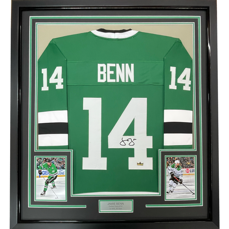 Framed Facsimile Autographed Jamie Benn 35x39 Dallas Green Reprint Laser Auto Hockey Jersey