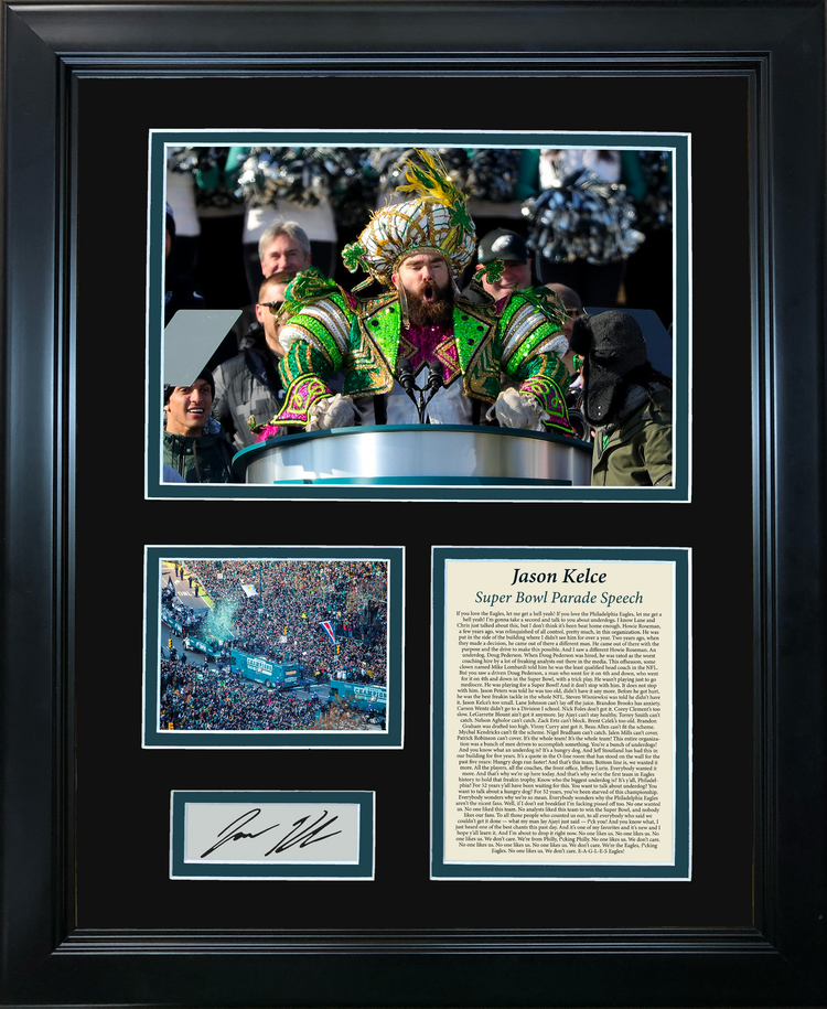 Framed Jason Kelce Parade Speech Transcript Philadelphia Eagles Super Bowl LII Facsimile Laser Engraved Signature Auto Football 11"x14" Photo Sig Collage