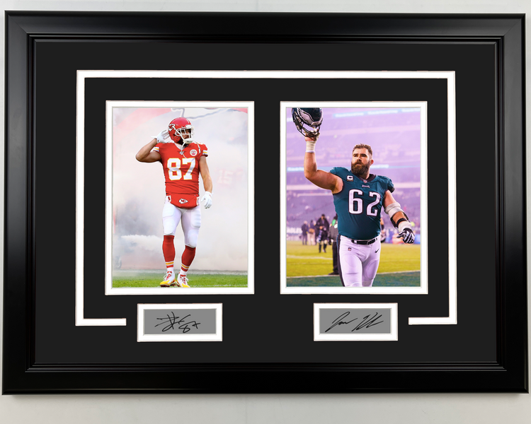 Framed Travis Kelce & Jason Kelce Facsimile Laser Engraved Signatures 17x23 Dual Football Photo