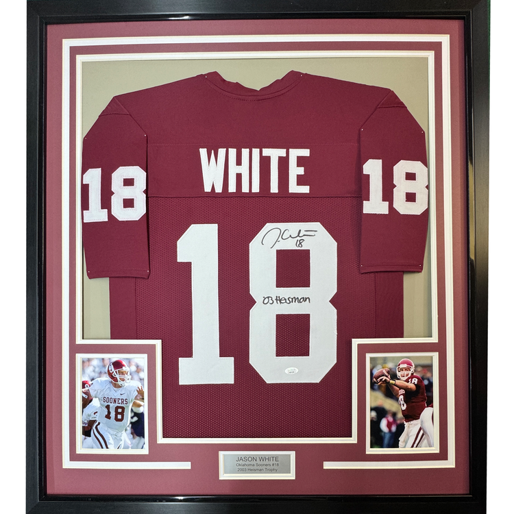 Framed Autographed/Signed Jason White 35x39 03 Heisman Oklahoma Maroon College Football Jersey JSA COA