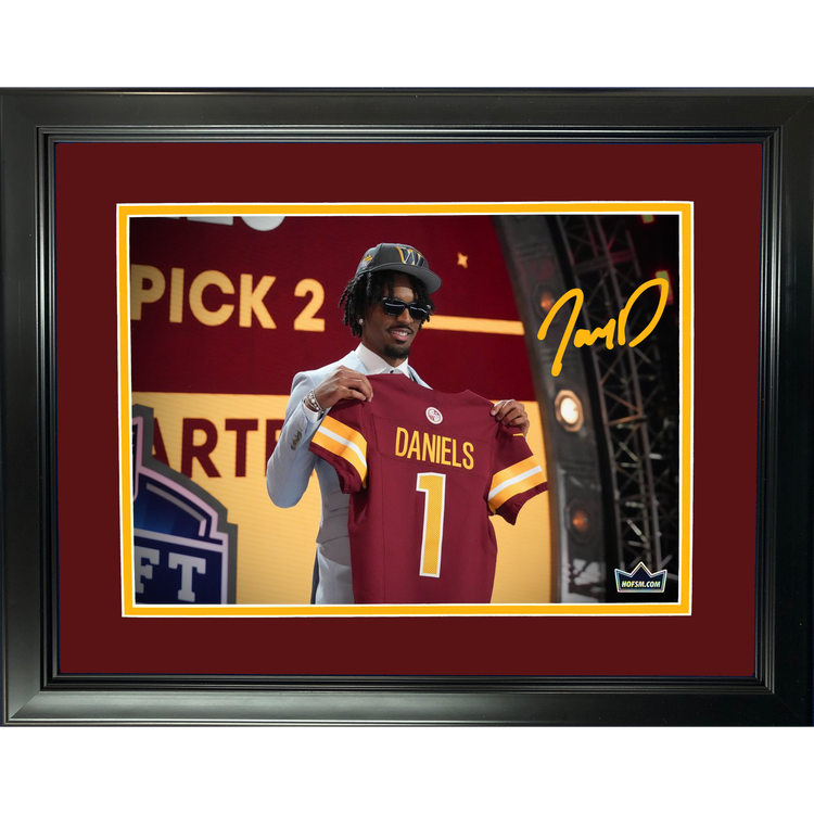 Framed Jayden Daniels Draft Facsimile Laser Engraved Signature Auto Washington Commanders 11"x14"Football Photo HOFSM Holo
