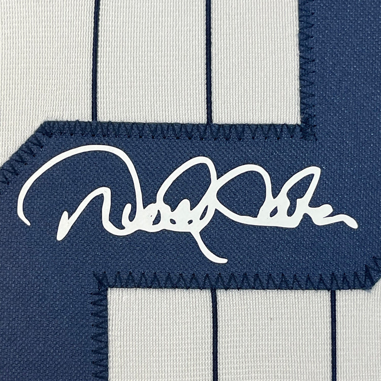 Framed Facsimile Autographed Derek Jeter 35x39 New York Pinstripe Reprint Laser Auto Baseball Jersey