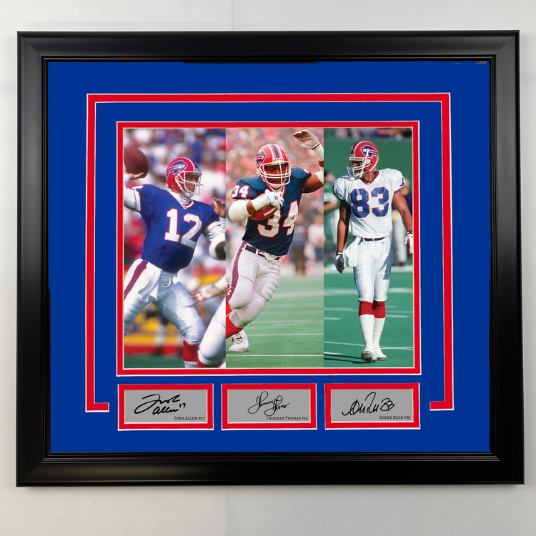 Framed Jim Kelly, Thurman Thomas and Andre Reed Facsimile Laser Engraved Signatures Buffalo Bills 19x21 Football Photo