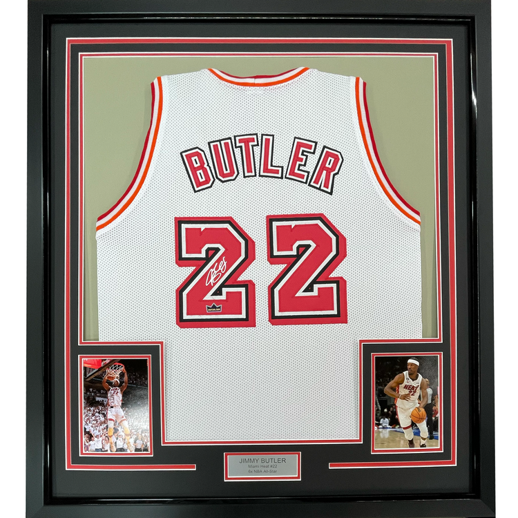 Framed Facsimile Autographed Jimmy Butler 35x39 Miami White Retro Reprint Laser Auto Basketball Jersey