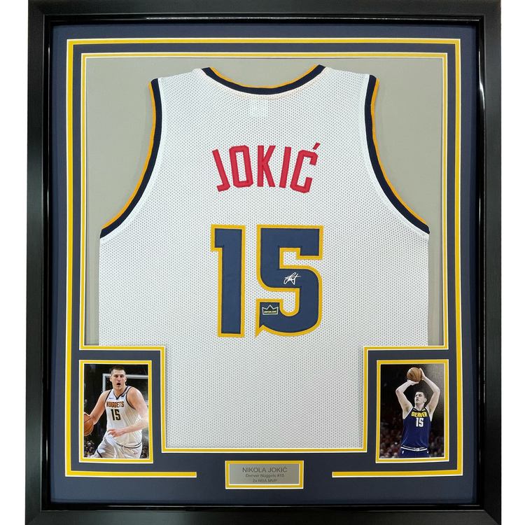 Framed Facsimile Autographed Nikola Jokic 35x39 Denver White Reprint Laser Auto Basketball Jersey