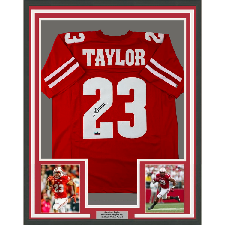 Framed Facsimile Autographed Jonathan Taylor 35x39 Wisconsin Red Reprint Laser Auto College Football Jersey