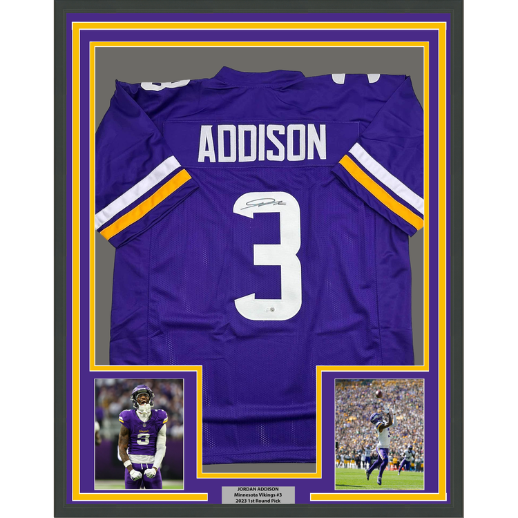 Framed Autographed/Signed Jordan Addison 35x39 Minnesota Purple Football Jersey JSA COA