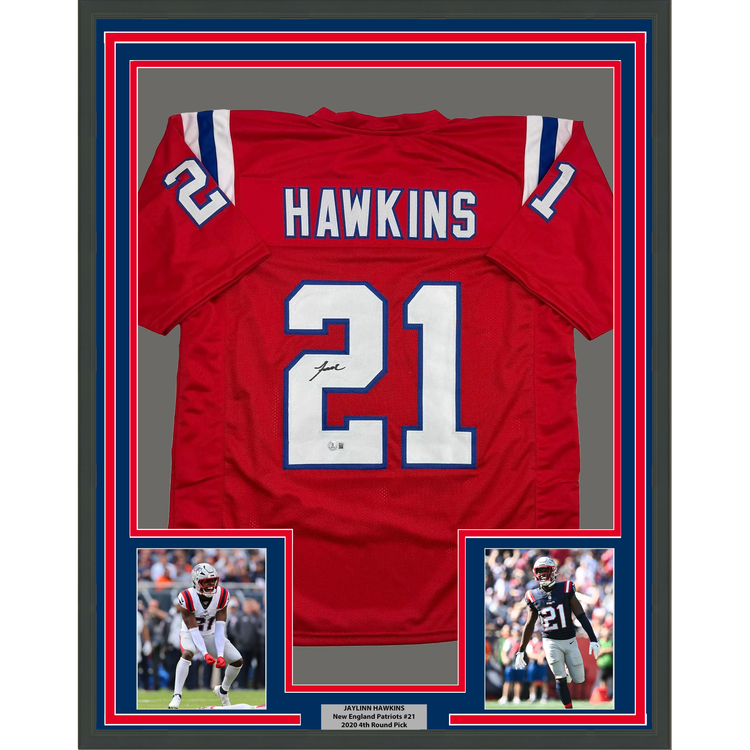 Framed Autographed/Signed Jaylinn Hawkins 35x39 New England Red Football Jersey Beckett BAS COA
