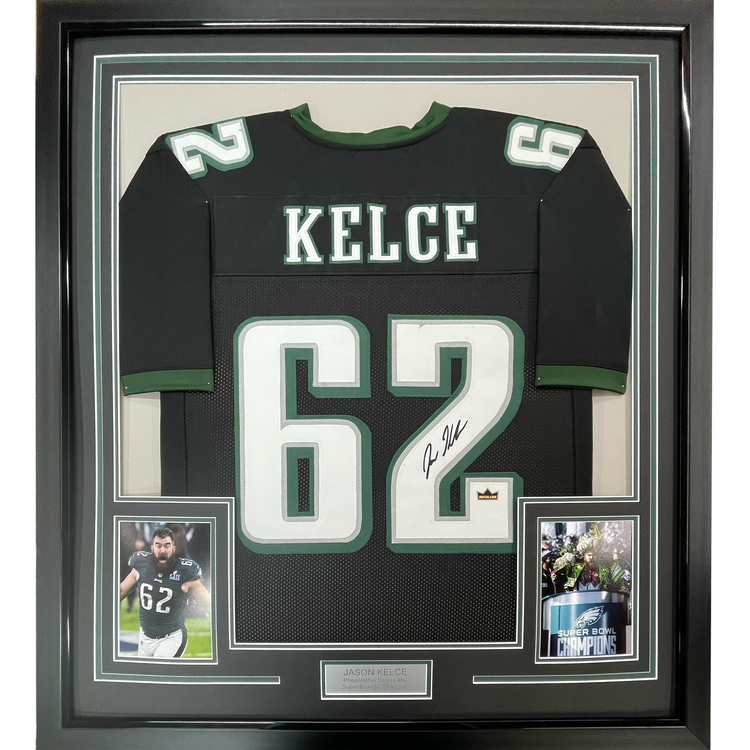 Framed Facsimile Autographed Jason Kelce 35x39 Philadelphia Black Reprint Laser Auto Football Jersey
