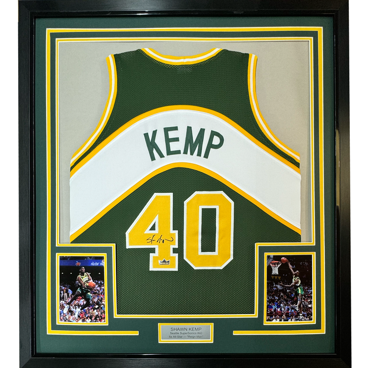 Framed Facsimile Autographed Shawn Kemp 35x39 Seattle Green Reprint Laser Auto Basketball Jersey
