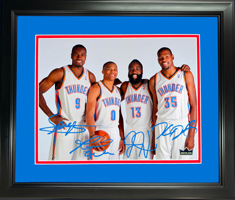 Framed Kevin Durant Russell Westbrook James Harden Serge Ibaka Oklahoma City Thunder Facsimile Laser Engraved Signature Auto 11"x14" Basketball Photo HOFSM Holo