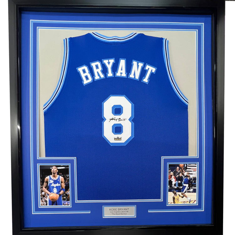 Framed Facsimile Autographed Kobe Bryant 35x39 #8 Los Angeles LA Retro Blue Reprint Laser Auto Basketball Jersey Size Men's XL
