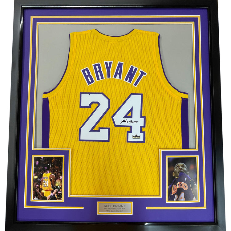 Framed Facsimile Autographed Kobe Bryant #24 35x39 Los Angeles LA Yellow Reprint Laser Auto Basketball Jersey