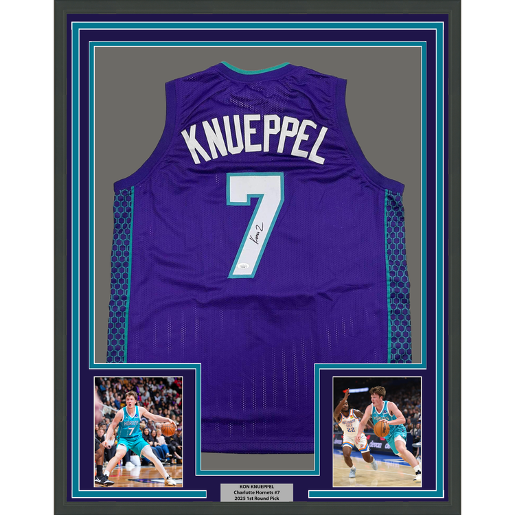 Framed Autographed/Signed Kon Knueppel 35x39 Charlotte Purple Basketball Jersey JSA COA