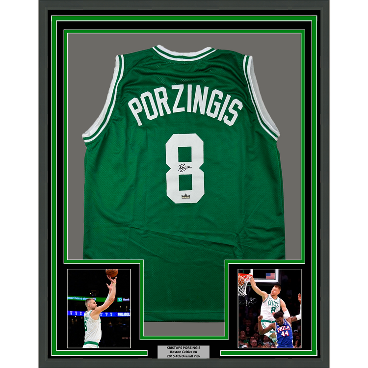 Framed Facsimile Autographed Kristaps Porzingis 35x39 Boston Green Reprint Laser Auto Basketball Jersey