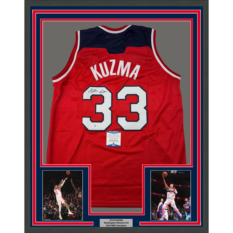 Framed Autographed/Signed Kyle Kuzma 35x39 Washington Red Basketball Jersey Beckett BAS COA