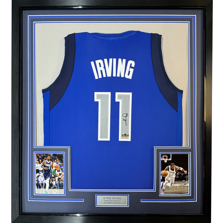Framed Facsimile Autographed Kyrie Irving 35x39 Dallas Blue Reprint Laser Auto Basketball Jersey