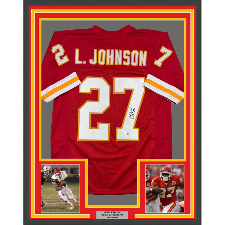 Framed Autographed/Signed Larry Johnson 35x39 Kansas City Red Football Jersey Beckett BAS COA