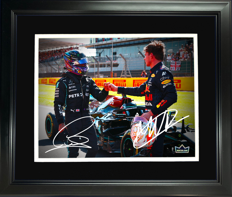Framed Lewis Hamilton & Max Verstappen Dual Facsimile Laser Engraved Signature Auto 11"x14" F1 Racing Photo HOFSM Holo