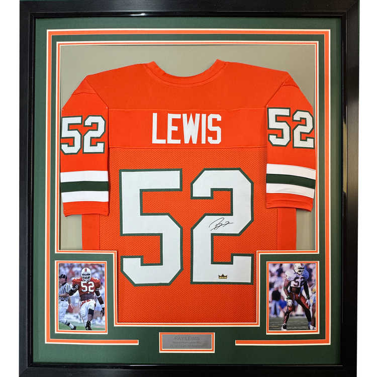 Framed Facsimile Autographed Ray Lewis 35x39 Miami Orange Reprint Laser Auto College Football Jersey
