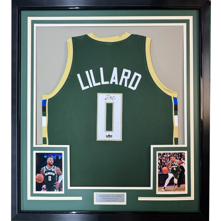 Framed Facsimile Autographed Damian Lillard 35x39 Milwaukee Green Reprint Laser Auto Basketball Jersey