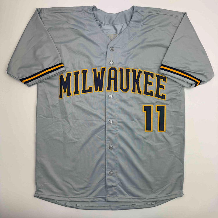 Autographed/Signed Jackson Chourio Milwaukee Grey Baseball Jersey Beckett BAS COA