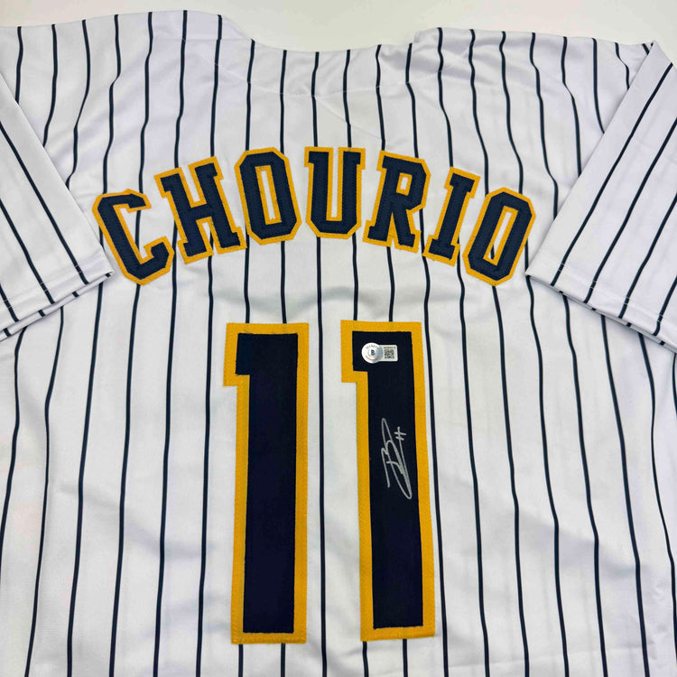 Autographed/Signed Jackson Chourio Milwaukee Pinstripe Baseball Jersey Beckett BAS COA