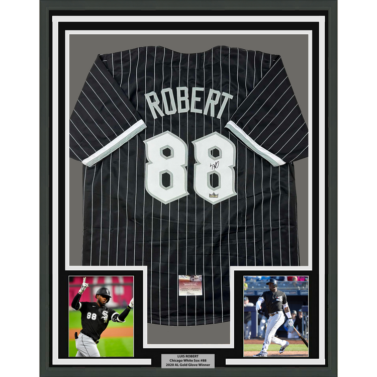 Framed Facsimile Autographed Luis Robert 35x39 Chicago Black Pinstripe City Connect Reprint Laser Auto Baseball Jersey