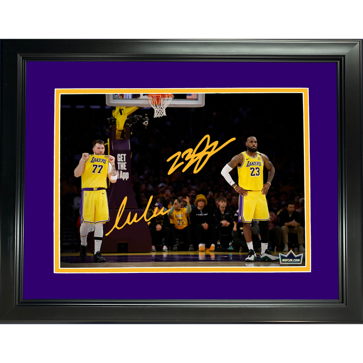 Framed Luka Doncic & LeBron James Los Angeles Lakers Dual Facsimile Laser Engraved Signature Auto 11"x14" Basketball Photo HOFSM Holo