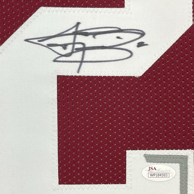 Framed Autographed/Signed Johnny Manziel 35x39 Texas A&M Maroon College Football Jersey JSA COA