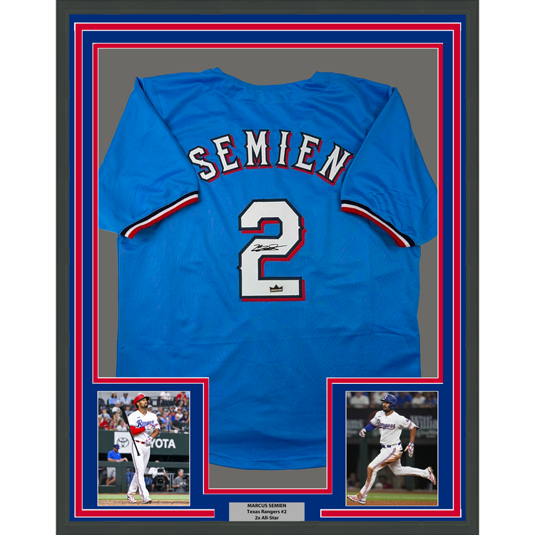 Framed Facsimile Autographed Marcus Semien 35x39 Texas Light Blue City Connect Reprint Laser Auto Baseball Jersey