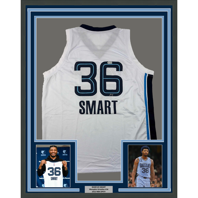 Framed Autographed/Signed Marcus Smart 35x39 Memphis White Basketball Jersey Beckett BAS COA