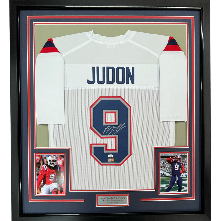 Framed Autographed/Signed Matthew Judon 35x39 New England White Football Jersey JSA COA