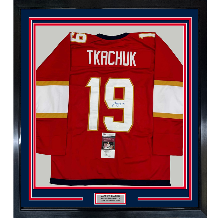 Framed Autographed/Signed Matthew Tkachuk 35x39 Florida Red Hockey Jersey JSA COA