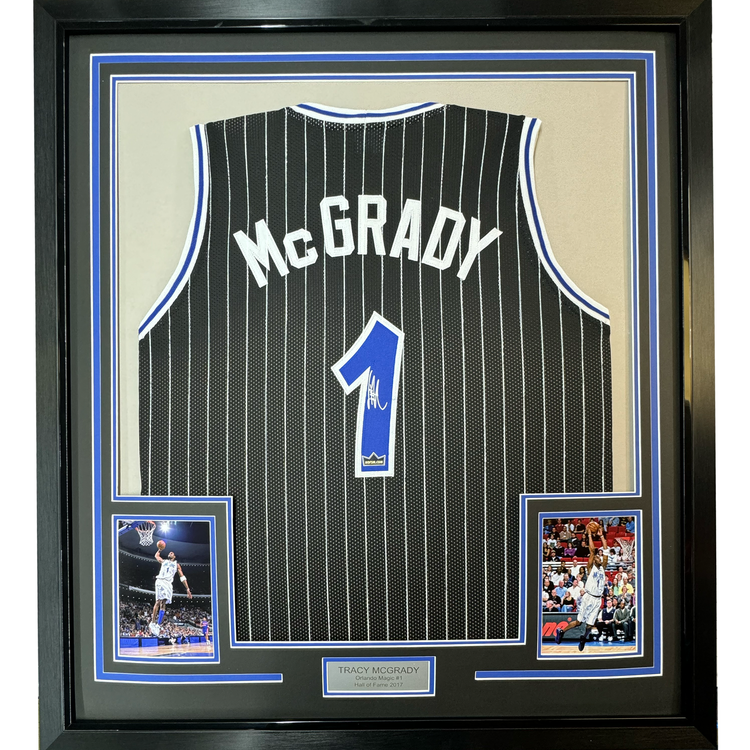 Framed Facsimile Autographed Tracy McGrady 35x39 Orlando Black Pinstripe Reprint Laser Auto Basketball Jersey