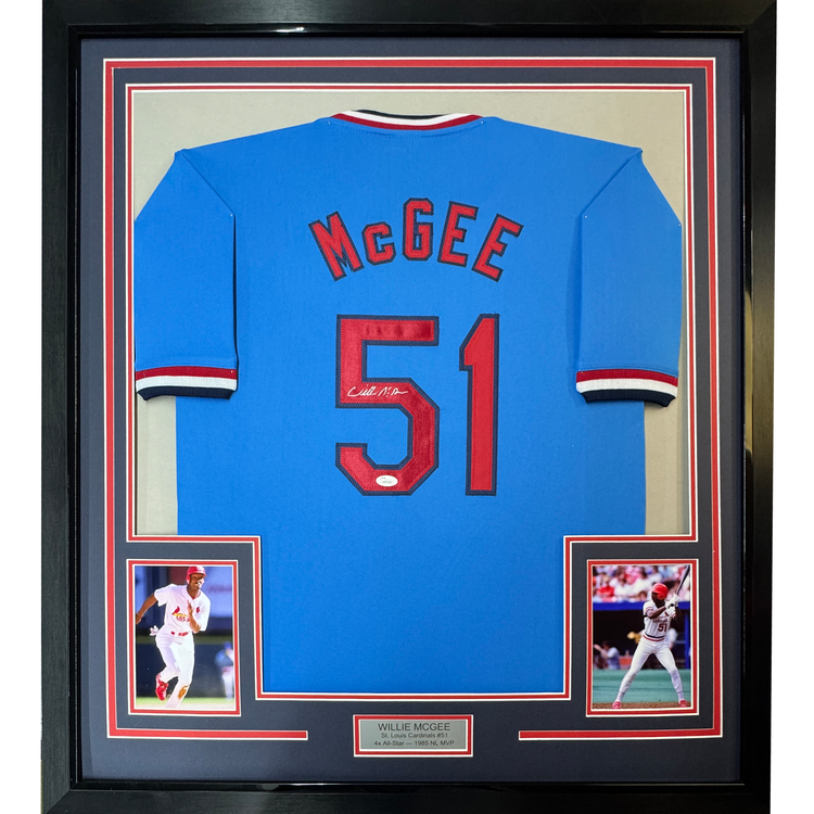 Framed Autographed/Signed Willie McGee 35x39 St. Louis Blue Baseball Jersey JSA COA